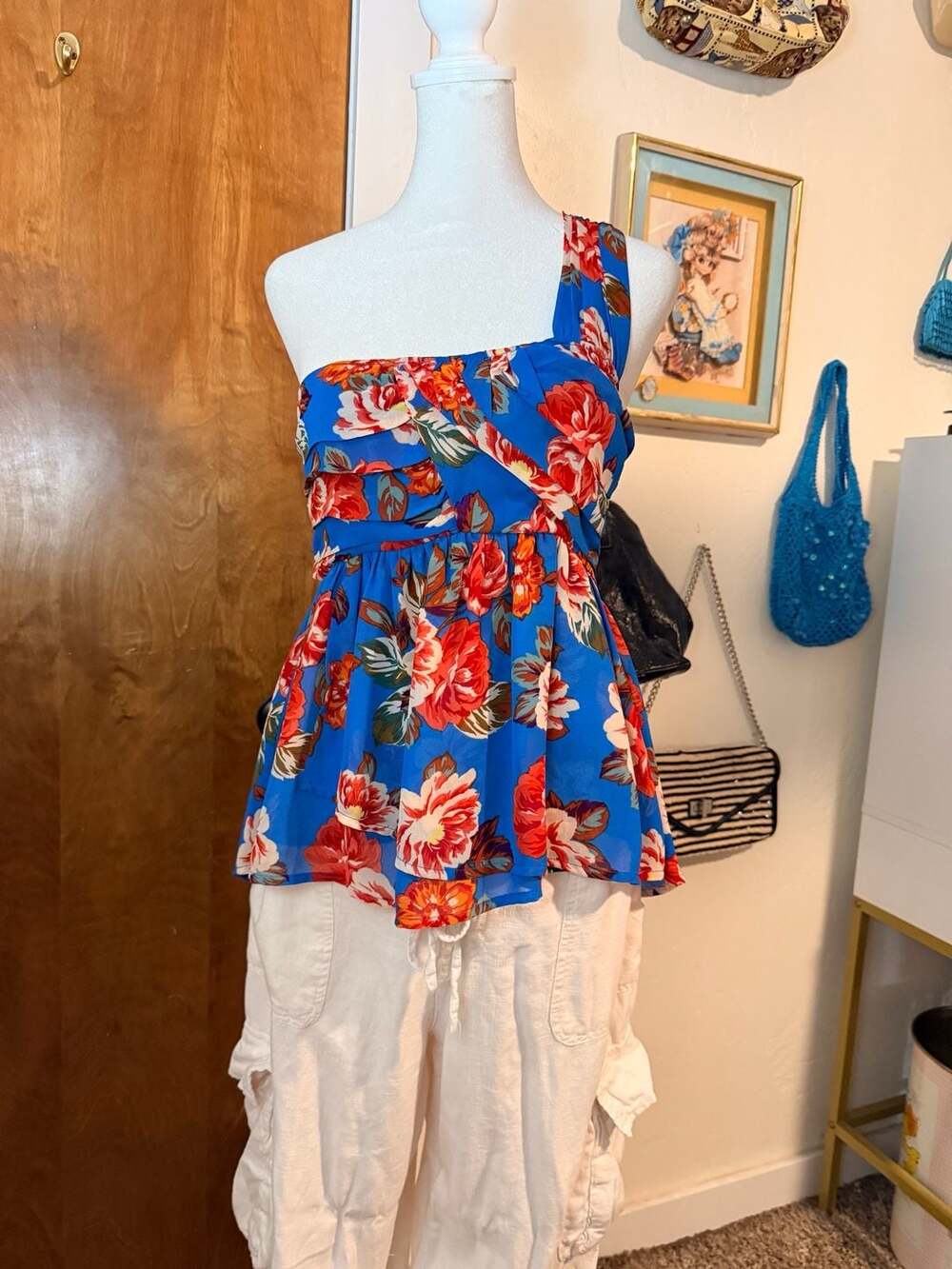 ASTR The Label Blue Floral One Shoulder Peplum Top S